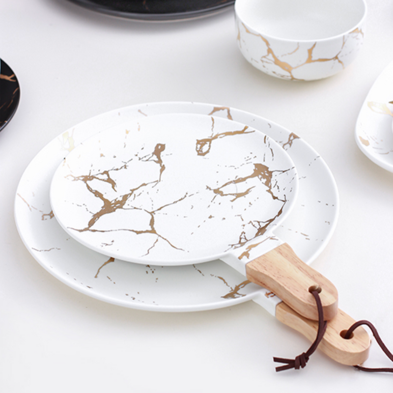 White Marble Gold Detailed Platter With Handle - Serving plate, snack plate, ceramic dinner plates| Plates for dining table & home decor