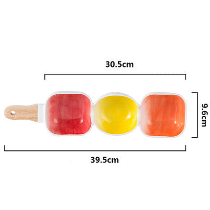 MERRY 3 part snack bowl with wooden handle - Orange, yellow & red - Ceramic bowls, snack serving bowls, section bowls, bowl with handle, small serving bowls | Bowls for dining table & home decor