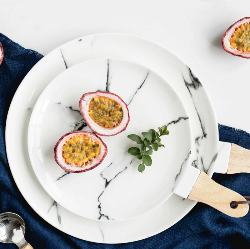 CHICERAMIC marble plate with wooden handle - S - Ceramic platter, serving platter, fruit platter, snack plate | Plates for dining table & home decor