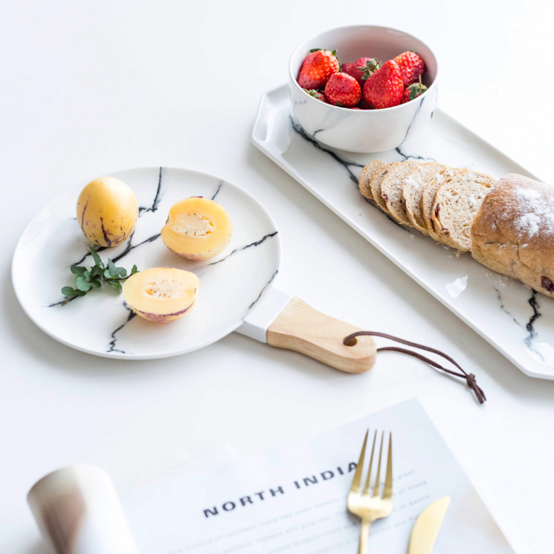 CHICERAMIC marble plate with wooden handle - S - Ceramic platter, serving platter, fruit platter, snack plate | Plates for dining table & home decor