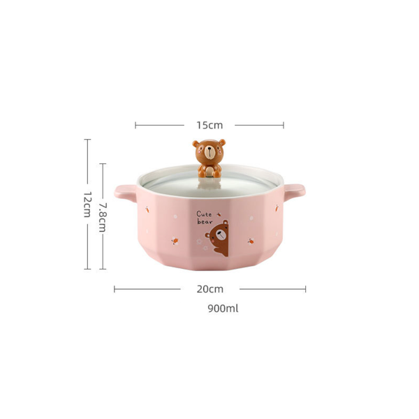 Cute Animal Knob Ceramic Cookware - Serving bowl with lid, ceramic bowls with lids, noodle bowl, bowl with handle | Bowls for dining table & home decor