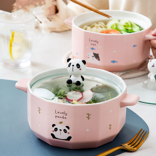 Cute Animal Knob Ceramic Cookware - Serving bowl with lid, ceramic bowls with lids, noodle bowl, bowl with handle | Bowls for dining table & home decor