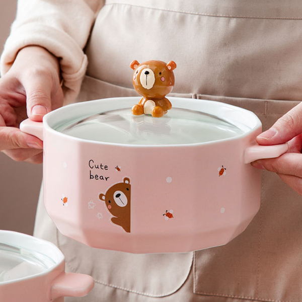 Cute Animal Knob Ceramic Cookware - Serving bowl with lid, ceramic bowls with lids, noodle bowl, bowl with handle | Bowls for dining table & home decor