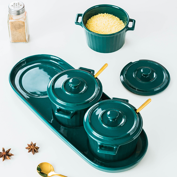 Green Spice Jar Set With Tray - Jar