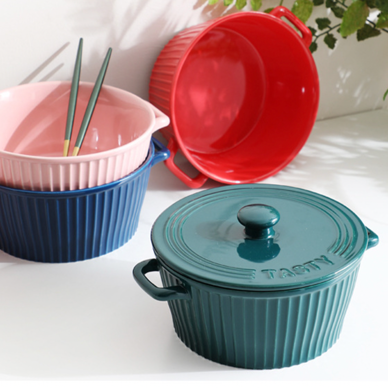 Striped Cooking Pot with Lid - Serving bowl with lid, ceramic bowls with lids, noodle bowl, curry bowl, oven bowl, soup bowl with handle | Bowls for dining table & home decor