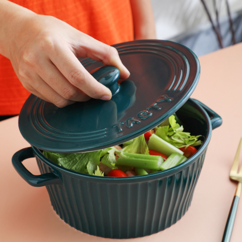 Striped Cooking Pot with Lid - Serving bowl with lid, ceramic bowls with lids, noodle bowl, curry bowl, oven bowl, soup bowl with handle | Bowls for dining table & home decor