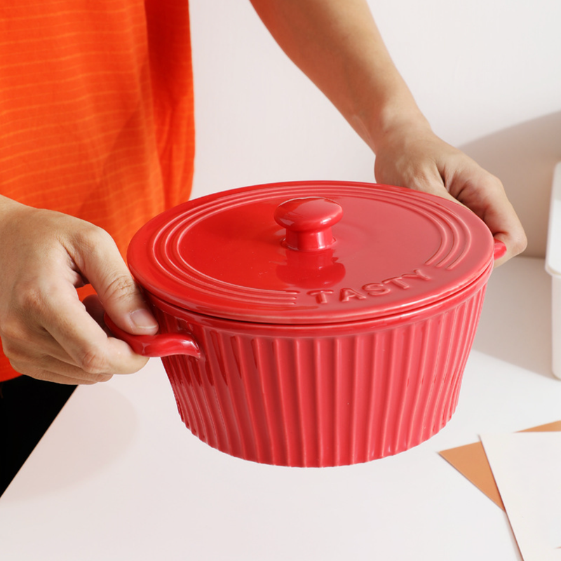 Striped Cooking Pot with Lid - Serving bowl with lid, ceramic bowls with lids, noodle bowl, curry bowl, oven bowl, soup bowl with handle | Bowls for dining table & home decor