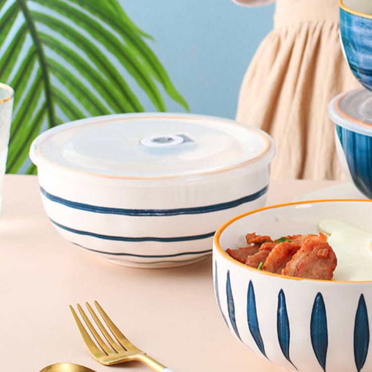 Nitori Linear Patterned Ceramic Bowl With Airtight Lid 650ml - Salad bowls, serving bowl with lid, ceramic bowls with lids, noodle bowl, micro oven bowl | Bowls for dining table & home decor
