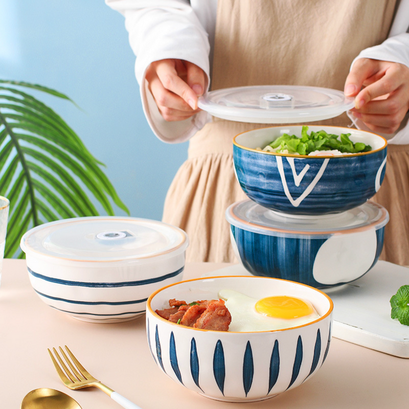 Nitori Swirl Ceramic Bowl With Airtight Lid 650ml - Salad bowls, serving bowl with lid, ceramic bowls with lids, noodle bowl, micro oven bowl | Bowls for dining table & home decor