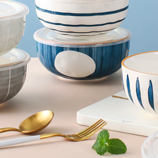 Nitori Dots Ceramic Bowl With Airtight Lid 650ml - Salad bowls, serving bowl with lid, ceramic bowls with lids, noodle bowl, micro oven bowl | Bowls for dining table & home decor