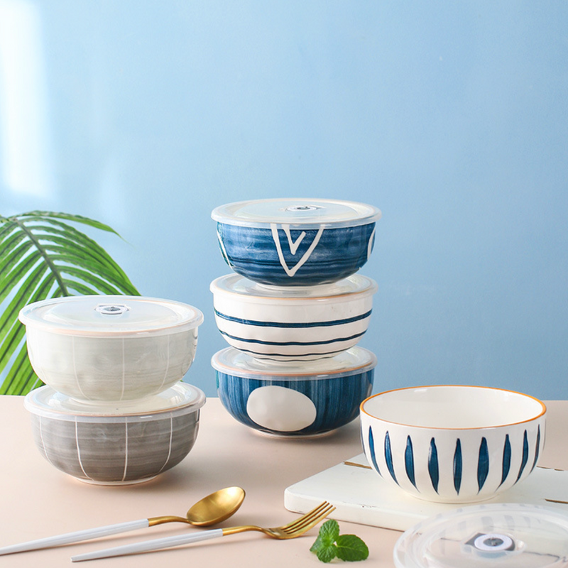 Nitori Teardrop Patterned Ceramic Bowl With Airtight Lid 650ml - Bowl, ceramic bowl, serving bowls, serving bowl with lid, noodle bowl, salad bowls, bowl for snacks, baking bowls, large serving bowl, bowl with handle | Bowls for dining table & home decor