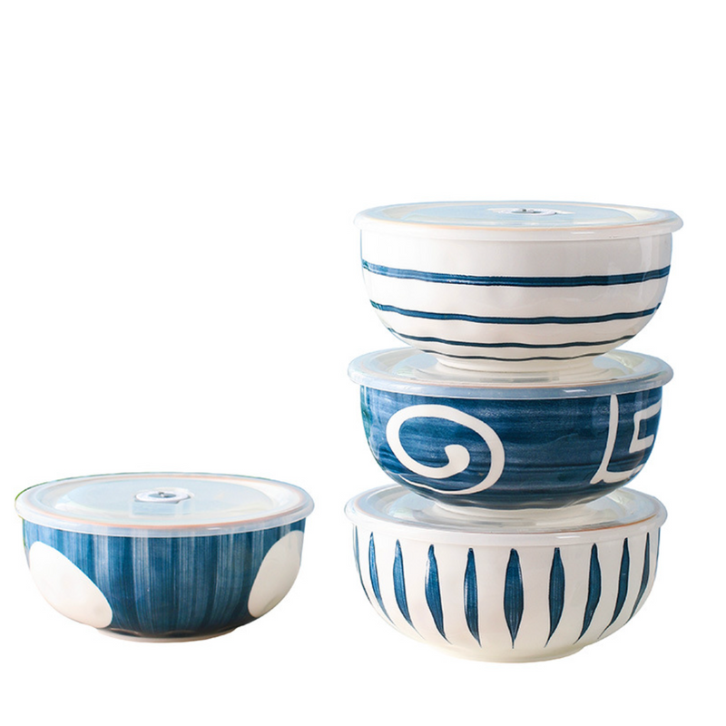 Nitori Teardrop Patterned Ceramic Bowl With Airtight Lid 650ml - Bowl, ceramic bowl, serving bowls, serving bowl with lid, noodle bowl, salad bowls, bowl for snacks, baking bowls, large serving bowl, bowl with handle | Bowls for dining table & home decor