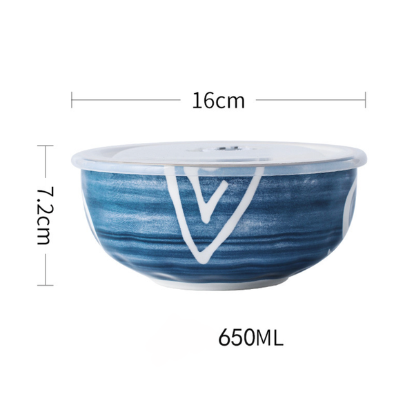Nitori Swirl Ceramic Bowl With Airtight Lid 650ml - Salad bowls, serving bowl with lid, ceramic bowls with lids, noodle bowl, micro oven bowl | Bowls for dining table & home decor