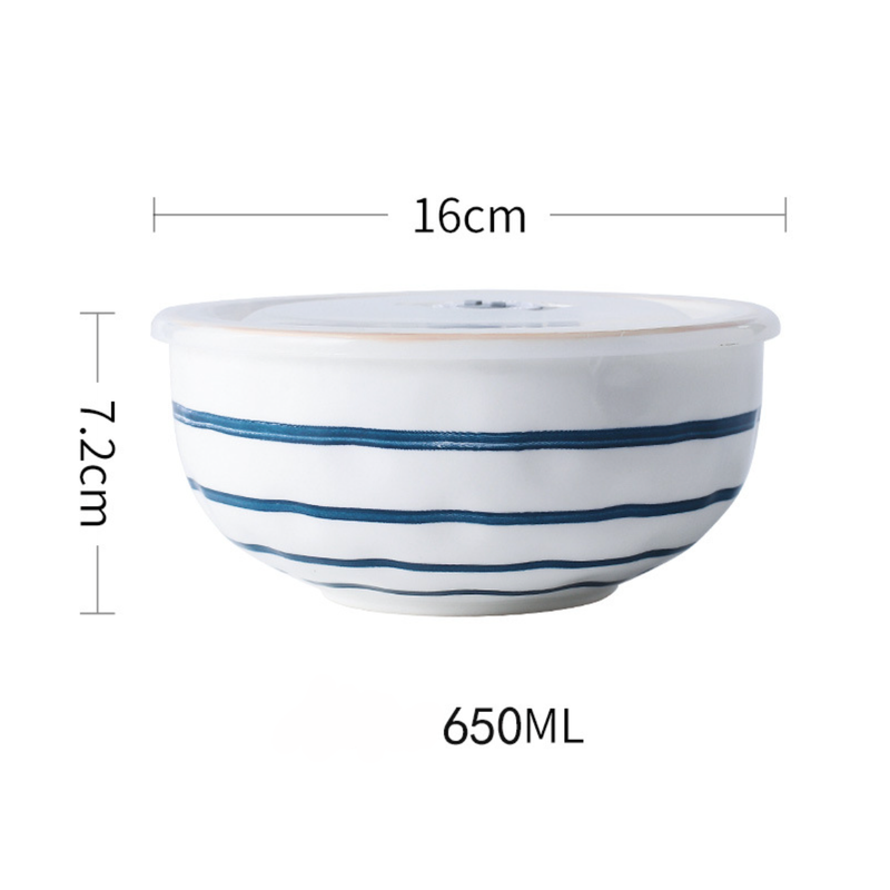 Nitori Linear Patterned Ceramic Bowl With Airtight Lid 650ml - Salad bowls, serving bowl with lid, ceramic bowls with lids, noodle bowl, micro oven bowl | Bowls for dining table & home decor
