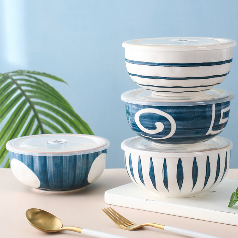 Nitori Teardrop Patterned Ceramic Bowl With Airtight Lid 650ml - Bowl, ceramic bowl, serving bowls, serving bowl with lid, noodle bowl, salad bowls, bowl for snacks, baking bowls, large serving bowl, bowl with handle | Bowls for dining table & home decor