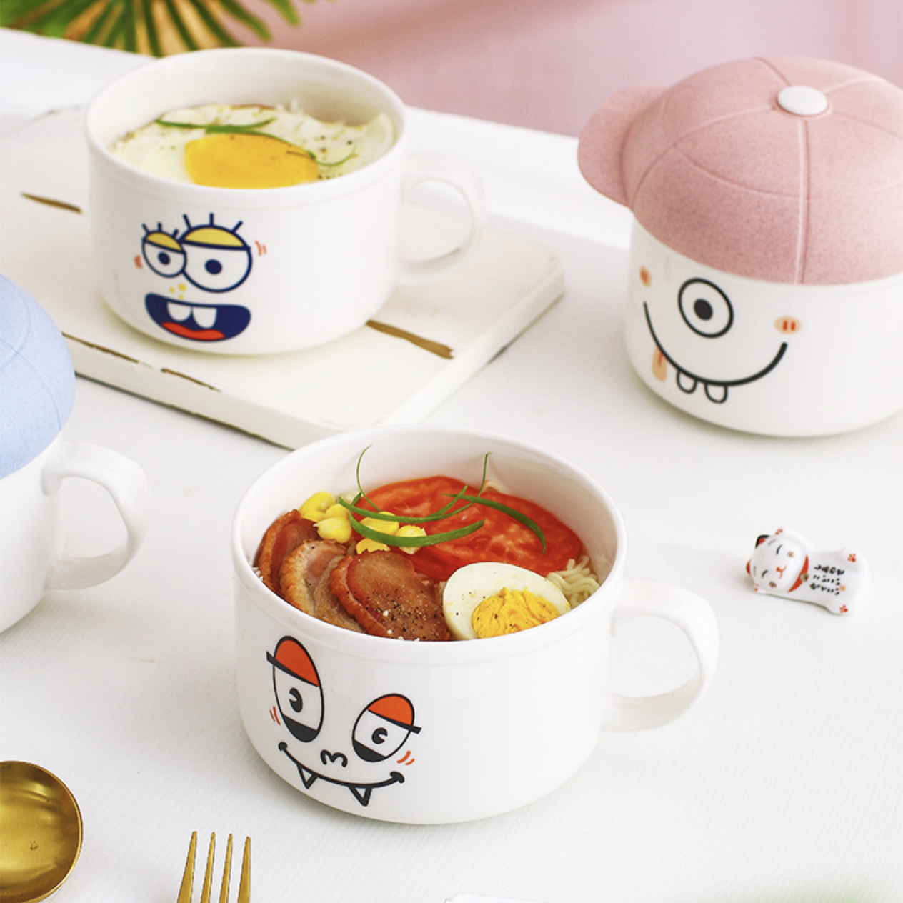 Microwavable Ceramic Noodle Bowl with Handle and Glass Lid Cute Cartoon Ocean