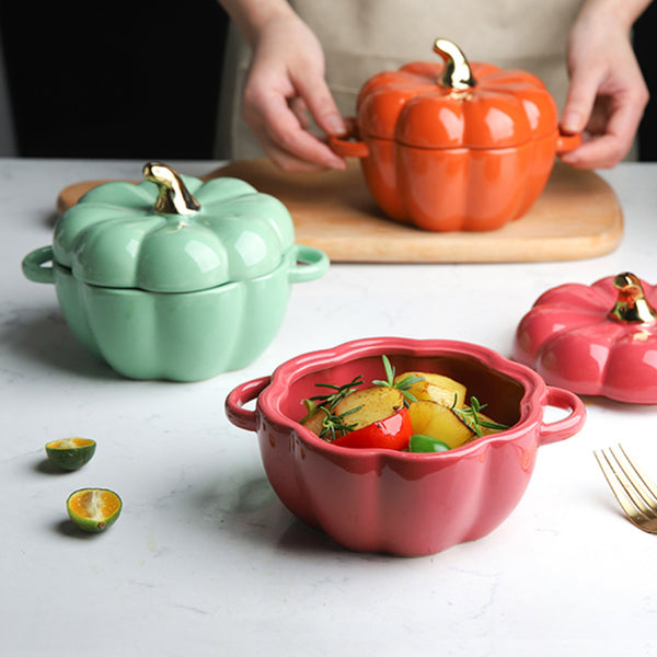 Pumpkin Pot - Ceramic bowl, Serving bowl with lid, ceramic bowls with lids, snack bowls, bowl with handle | Bowls for dining table & home decor