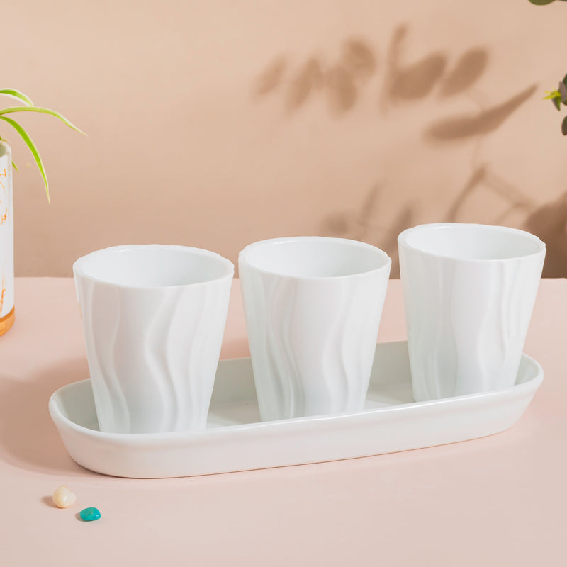 Ternion Wavy Textured Planter Set Of 3 With Plate White - Indoor planters and flower pots | Home decor items