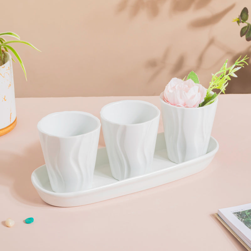 Ternion Wavy Textured Planter Set Of 3 With Plate White - Indoor planters and flower pots | Home decor items