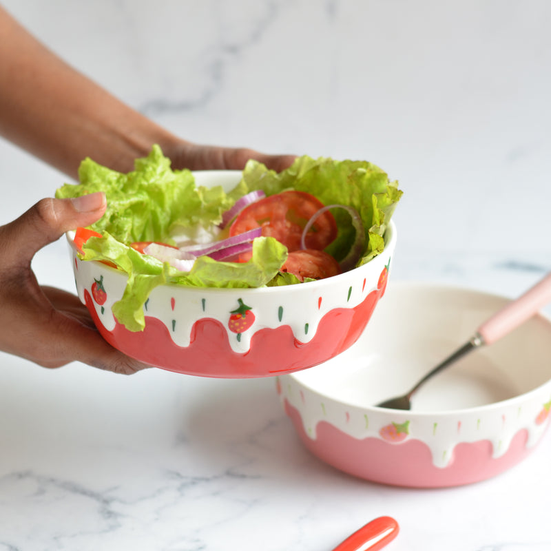 Strawberry Salad Bowls - Bowl, ceramic bowl, serving bowls, noodle bowl, salad bowls, bowl for snacks, large serving bowl | Bowls for dining table & home decor