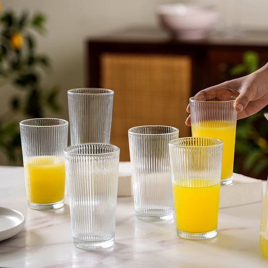 Set Of 6 Ribbed Tall Glass Tumbler 350ml