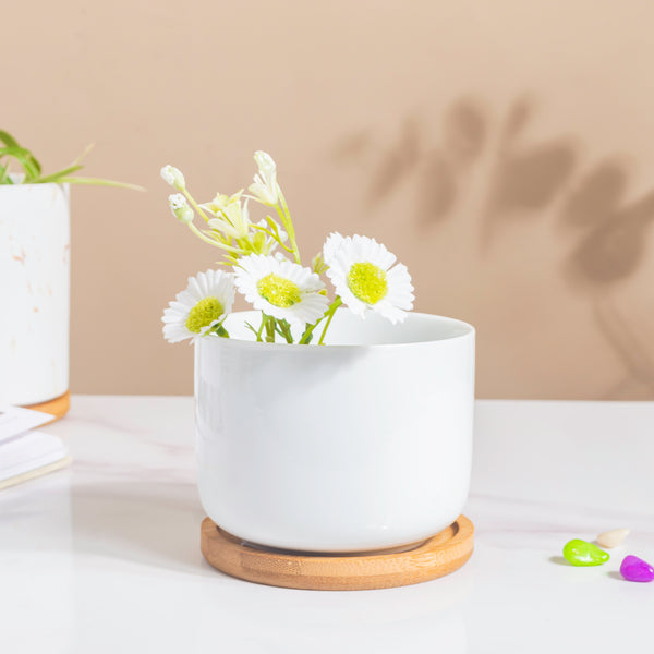 White Mosaic Ceramic Planter And Wooden Coaster - Indoor planters and flower pots | Home decor items
