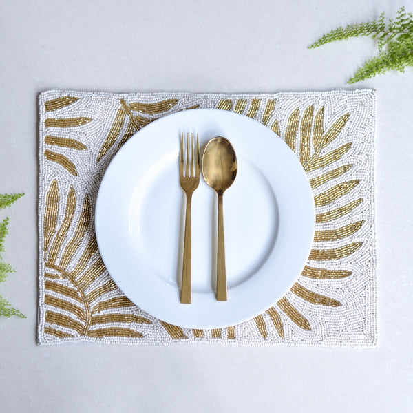 Beads White and Gold Rectangle Table Mat